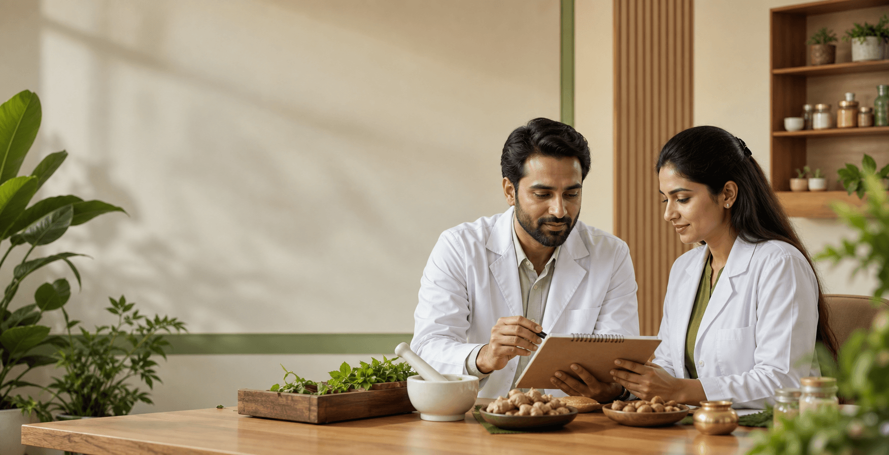 Expert Ayurvedic doctors consulting in a modern wellness clinic